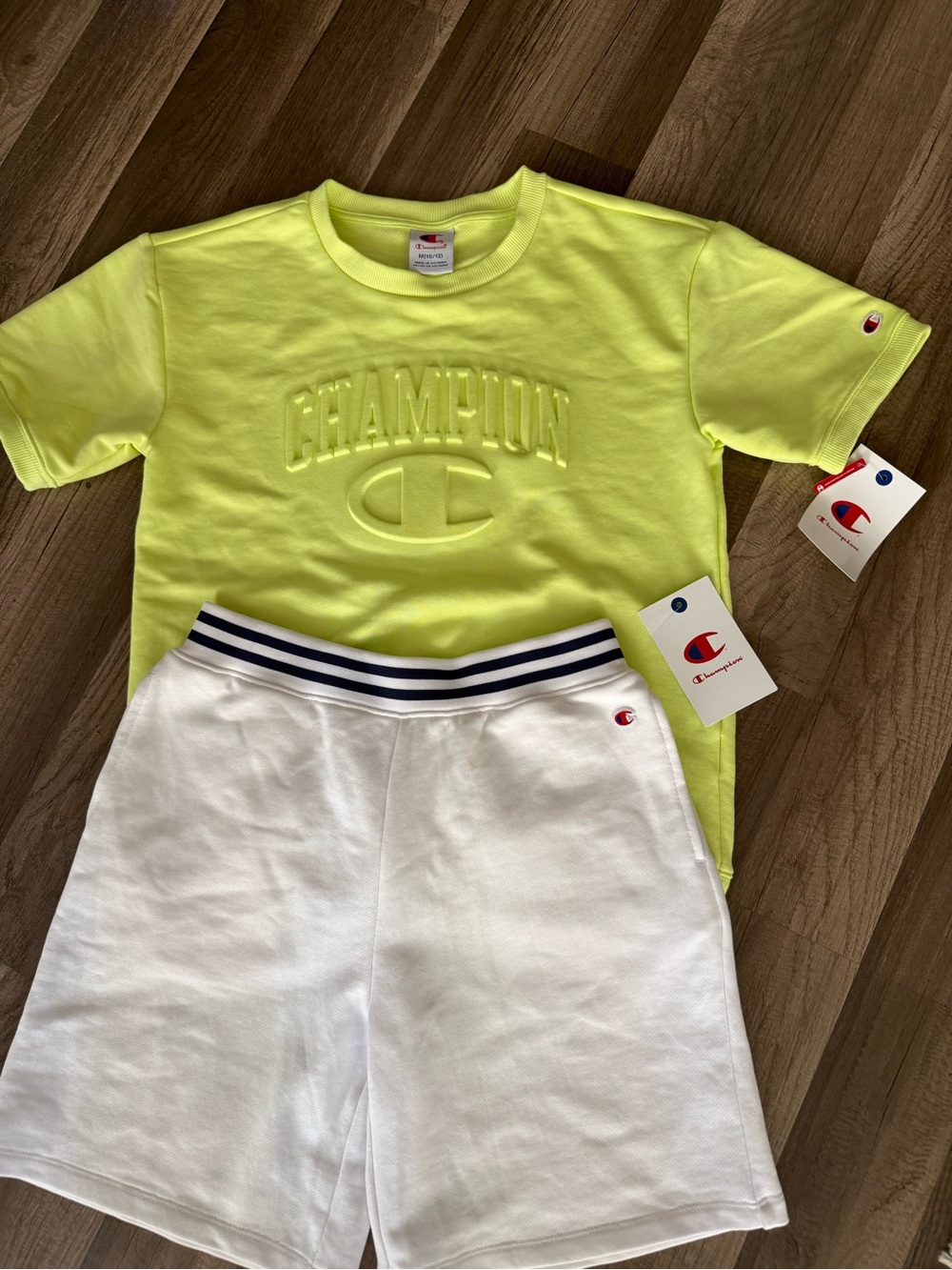 Champion Neon Yellow Embossed Logo Kids Tee and shorts set